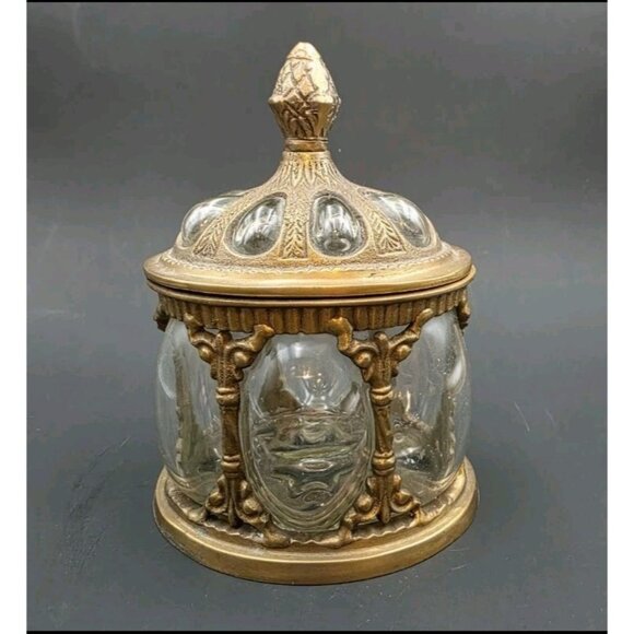 Baroque Brass & Hand Blown Bubble Glass Lidded Dome Caged Apothecary Jar Vintage - Picture 1 of 14